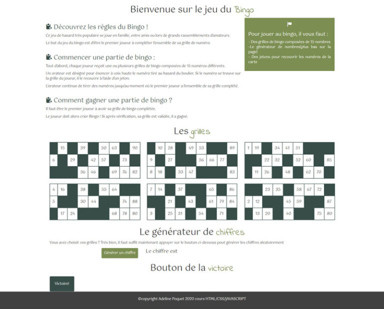 Page du jeu bingo en Javascript