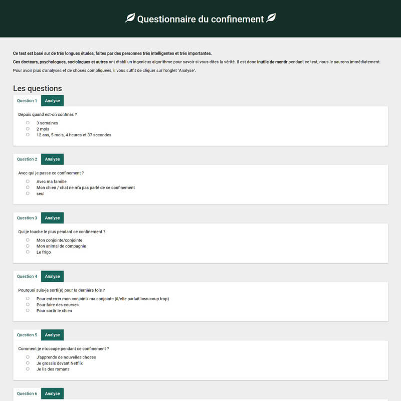 Programmation Javascript questionnaire confinement